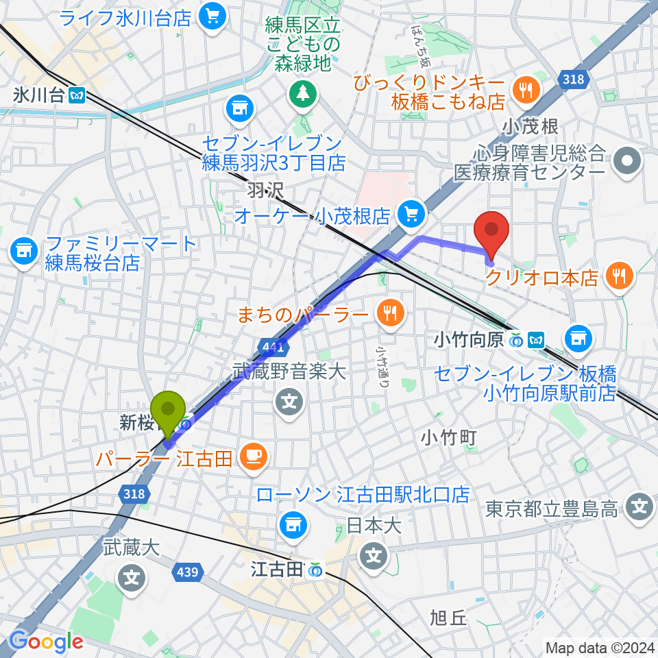 新桜台駅から音楽教室ソラーレ小竹向原教室へのルートマップ地図