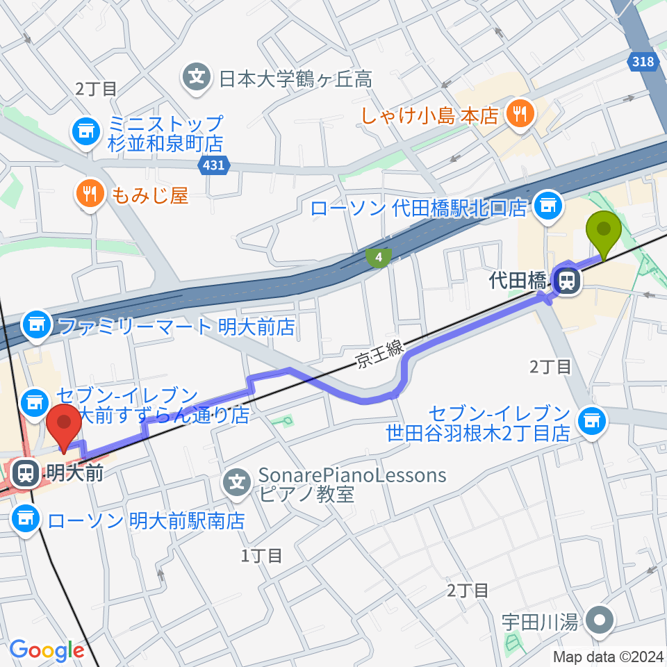 代田橋駅からガードアイランドスタジオ明大前店へのルートマップ地図