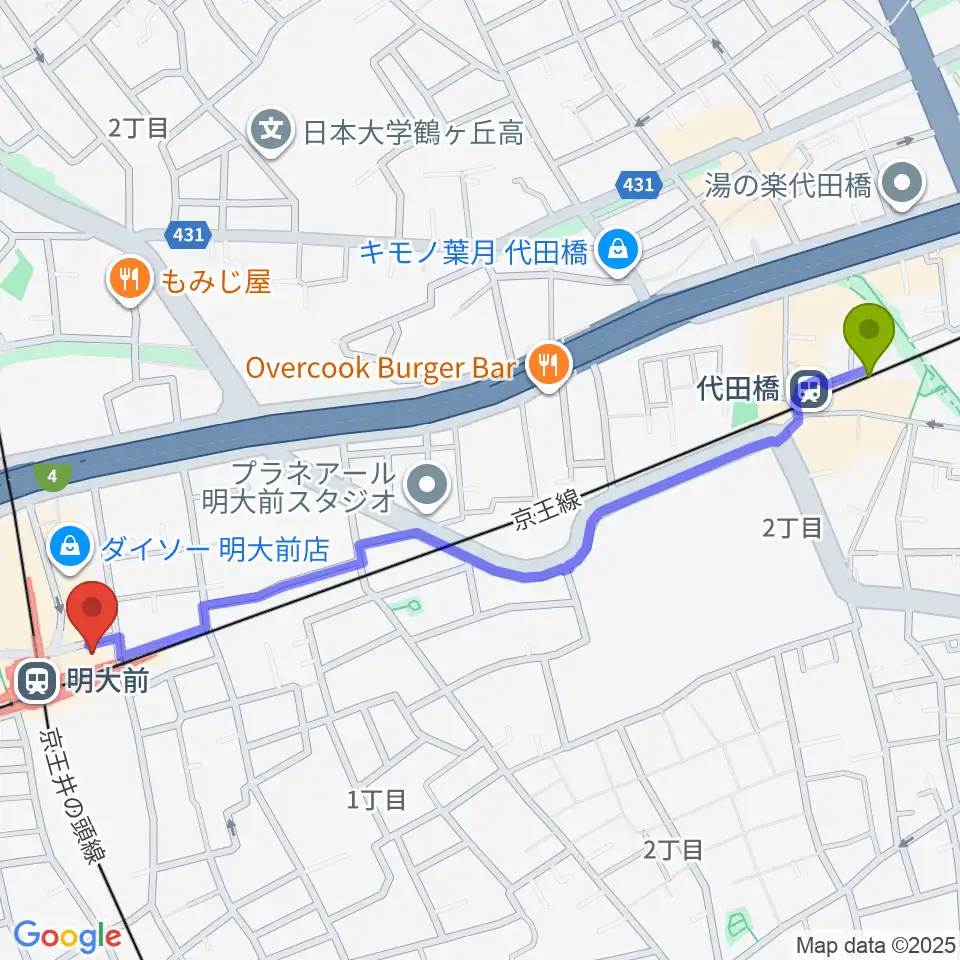 代田橋駅からガードアイランドスタジオ明大前店へのルートマップ地図
