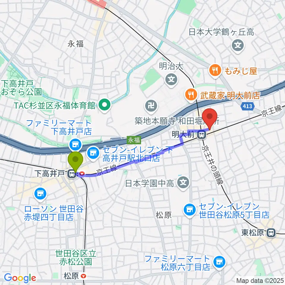 下高井戸駅からガードアイランドスタジオ明大前店へのルートマップ地図