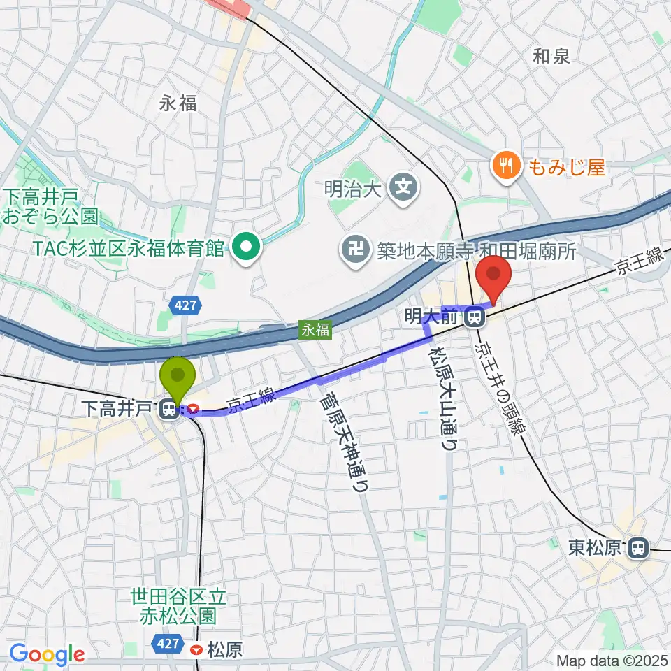 下高井戸駅からガードアイランドスタジオ明大前店へのルートマップ地図