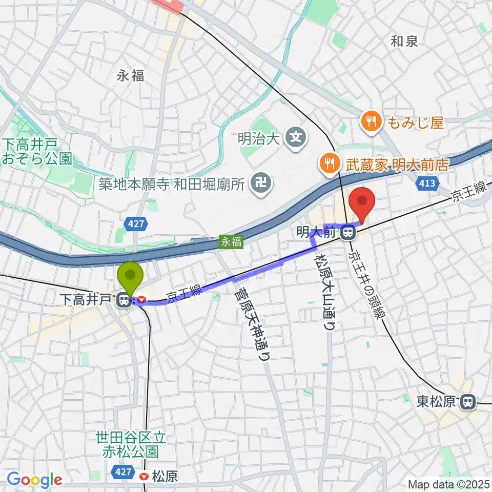 下高井戸駅からガードアイランドスタジオ明大前店へのルートマップ地図