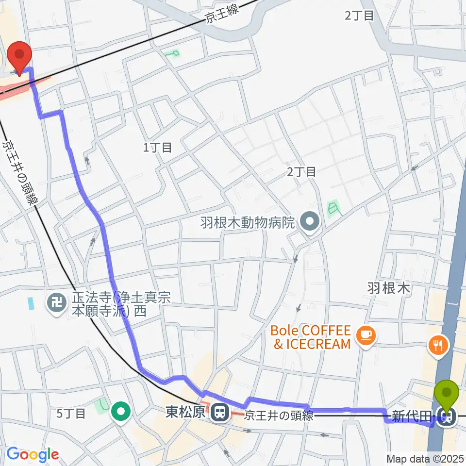 新代田駅からガードアイランドスタジオ明大前店へのルートマップ地図