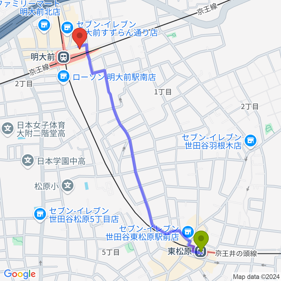 東松原駅からガードアイランドスタジオ明大前店へのルートマップ地図