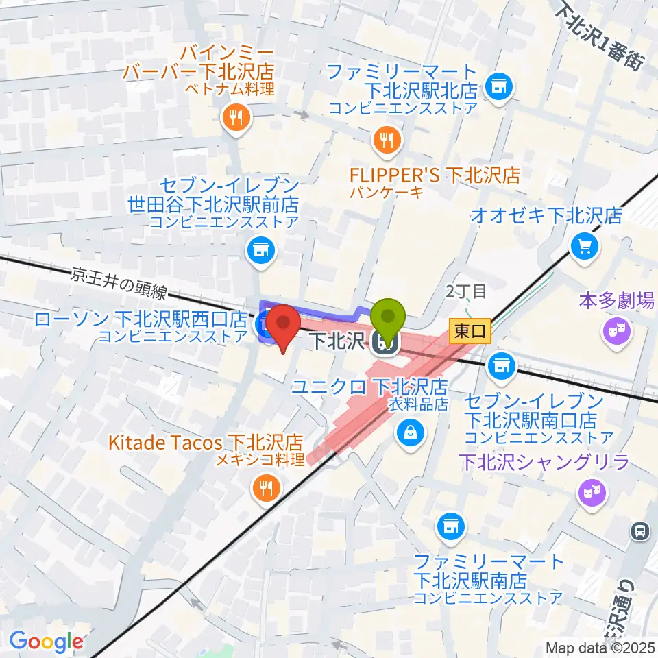 ガードアイランドスタジオ下北沢WESTの最寄駅下北沢駅からの徒歩ルート（約1分）地図