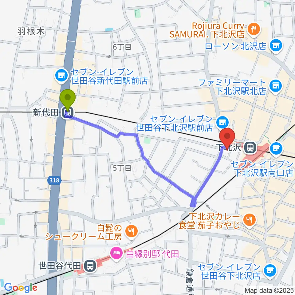 新代田駅からガードアイランドスタジオ下北沢WESTへのルートマップ地図