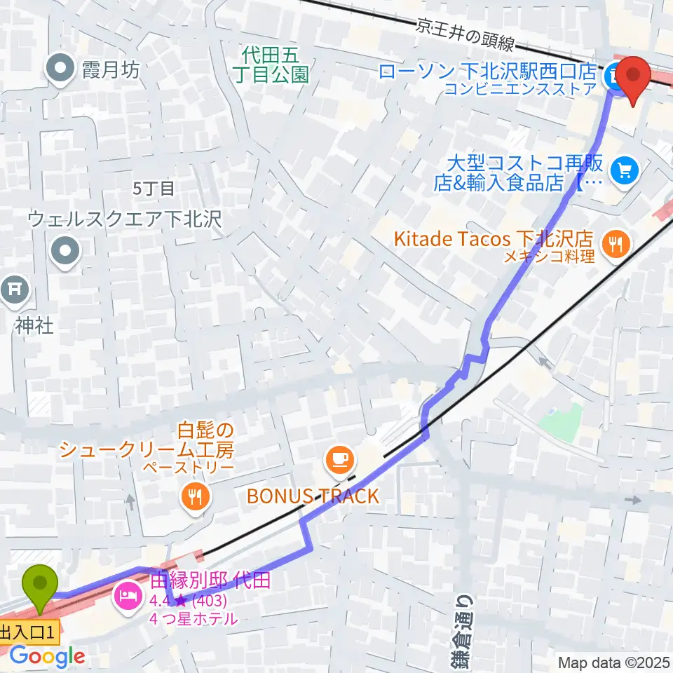 世田谷代田駅からガードアイランドスタジオ下北沢WESTへのルートマップ地図