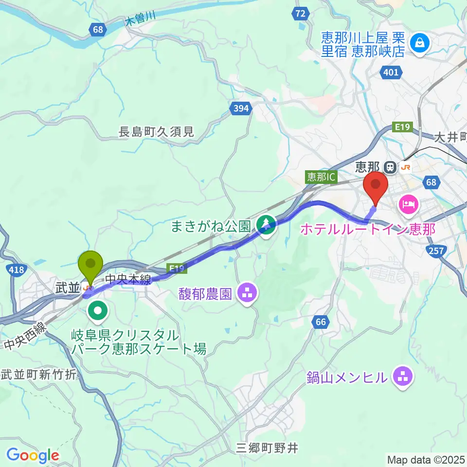 武並駅から恵那文化センターへのルートマップ地図