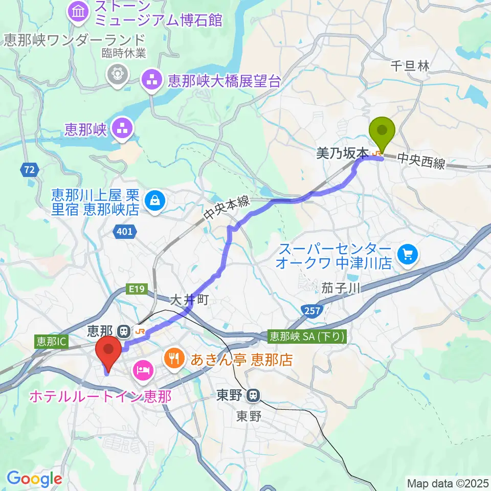 美乃坂本駅から恵那文化センターへのルートマップ地図