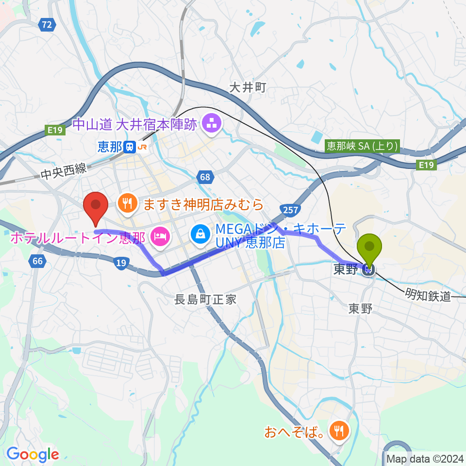 東野駅から恵那文化センターへのルートマップ地図