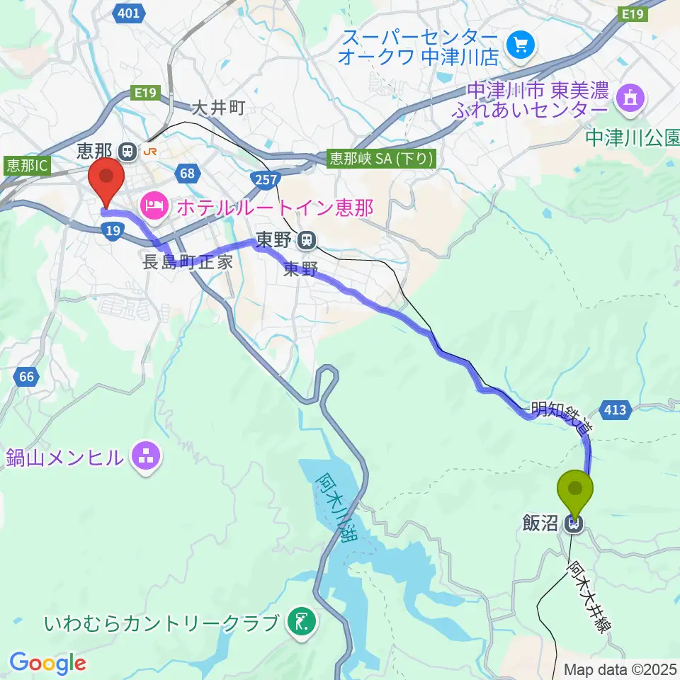 飯沼駅から恵那文化センターへのルートマップ地図