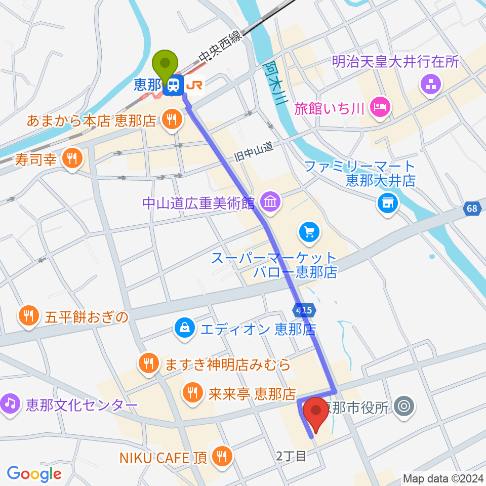 New Waveの最寄駅恵那駅からの徒歩ルート（約12分）地図