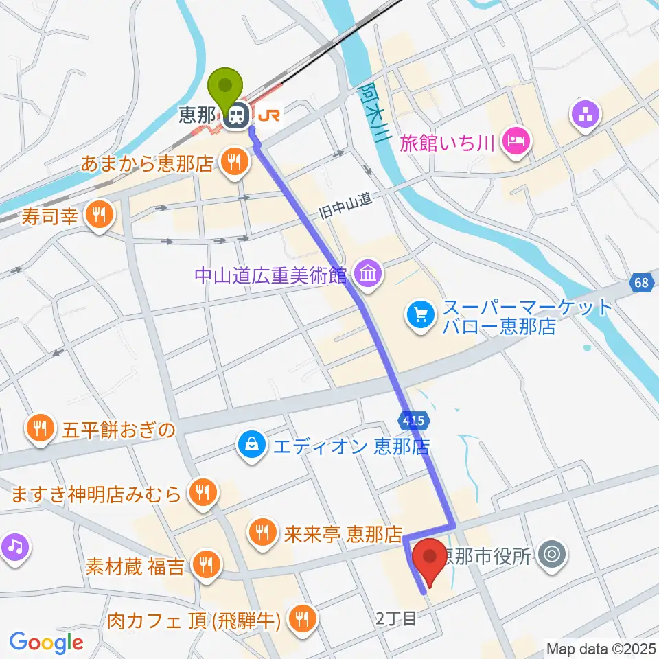 New Waveの最寄駅恵那駅からの徒歩ルート（約12分）地図