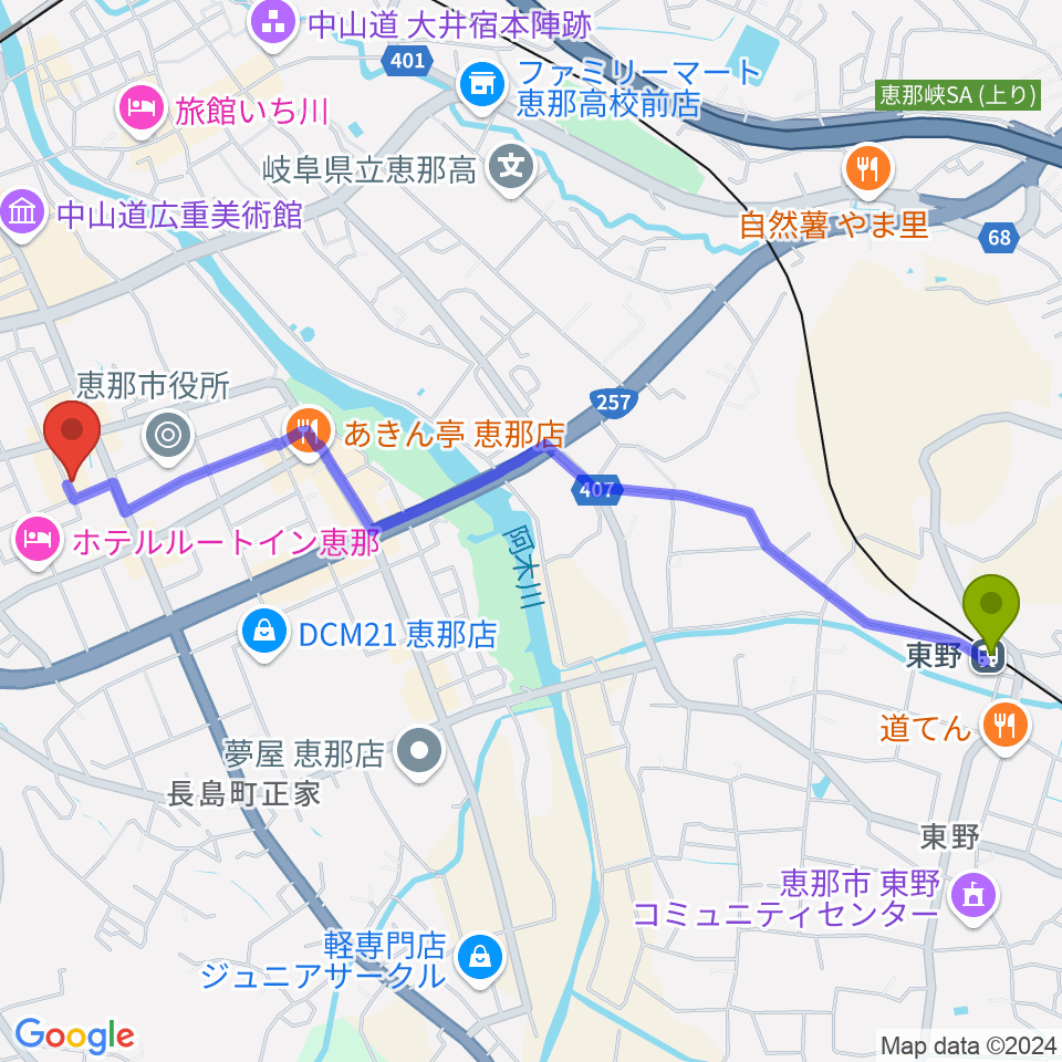 東野駅からNew Waveへのルートマップ地図