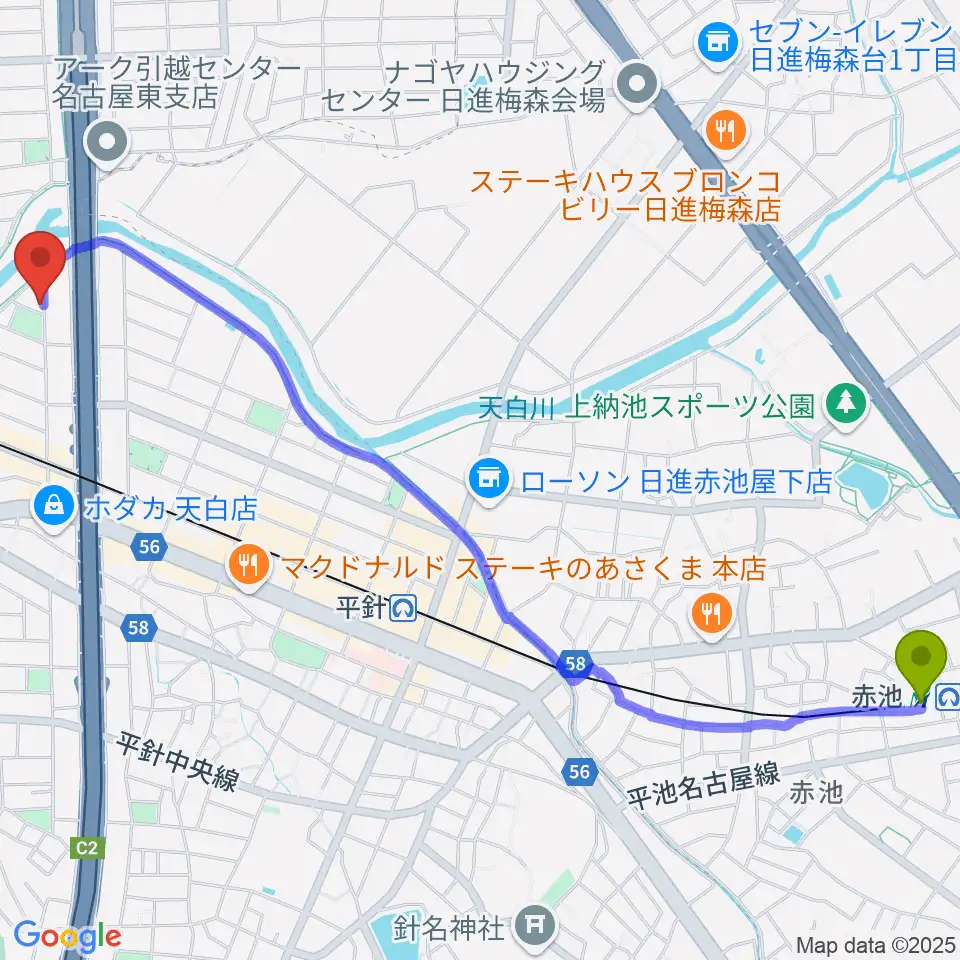 赤池駅からスタジオチャージへのルートマップ地図