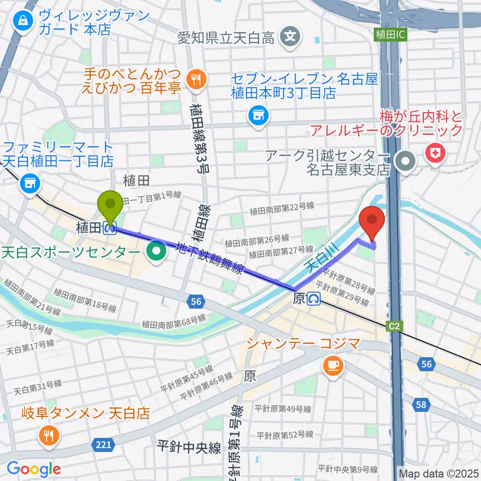 植田駅からスタジオチャージへのルートマップ地図
