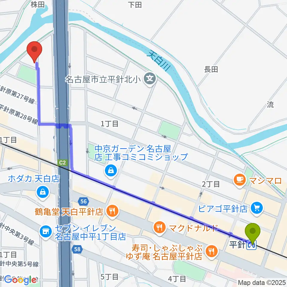 平針駅からスタジオチャージへのルートマップ地図