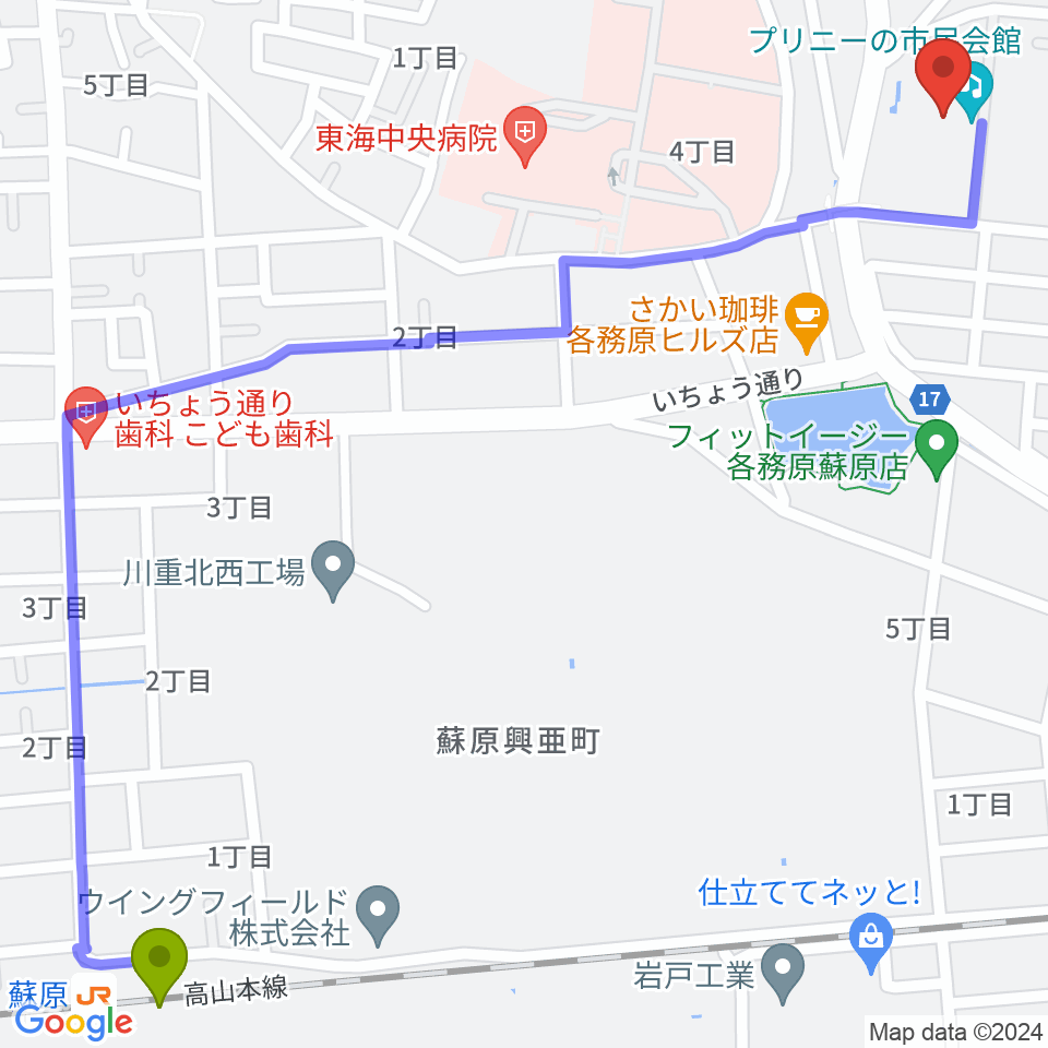 プリニーの市民会館の最寄駅蘇原駅からの徒歩ルート（約18分）地図