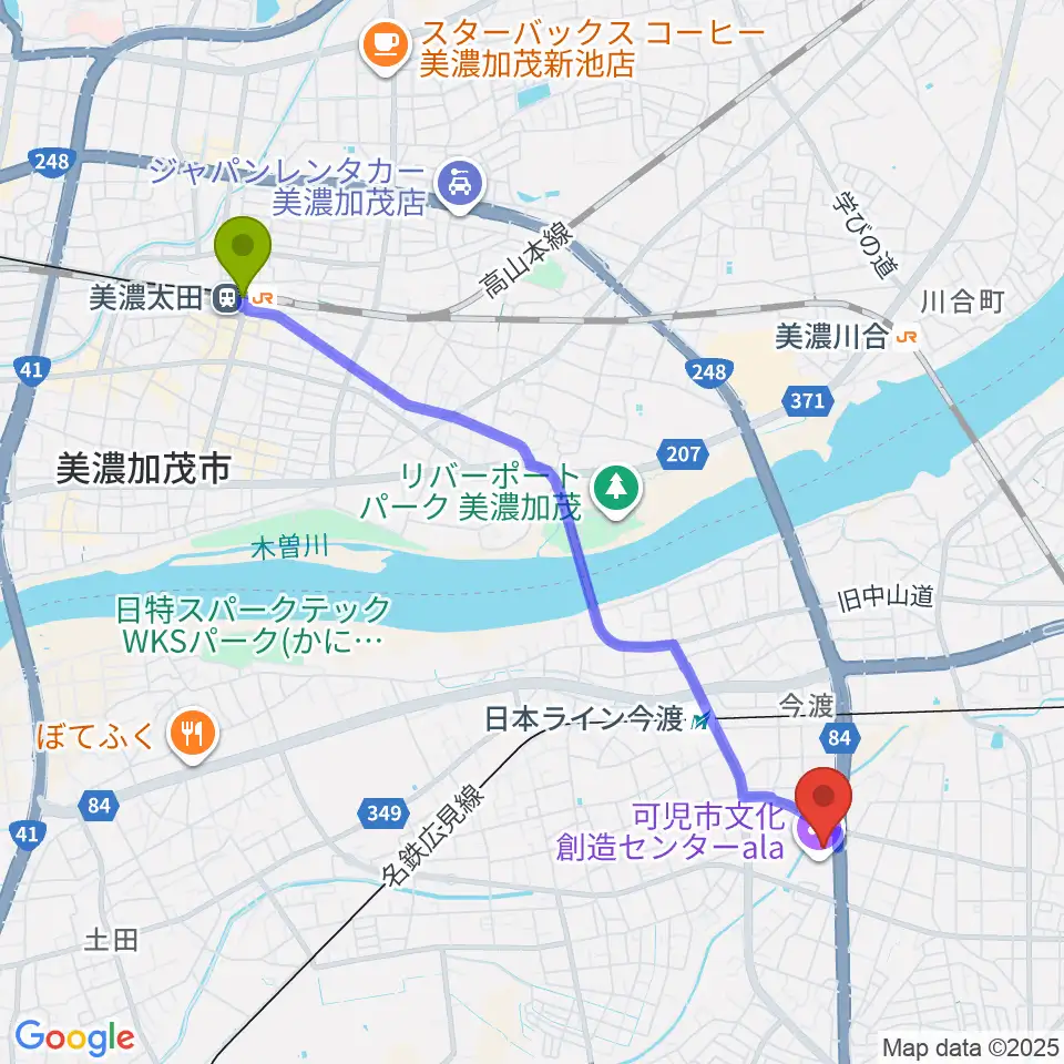 美濃太田駅から可児市文化創造センターalaへのルートマップ地図