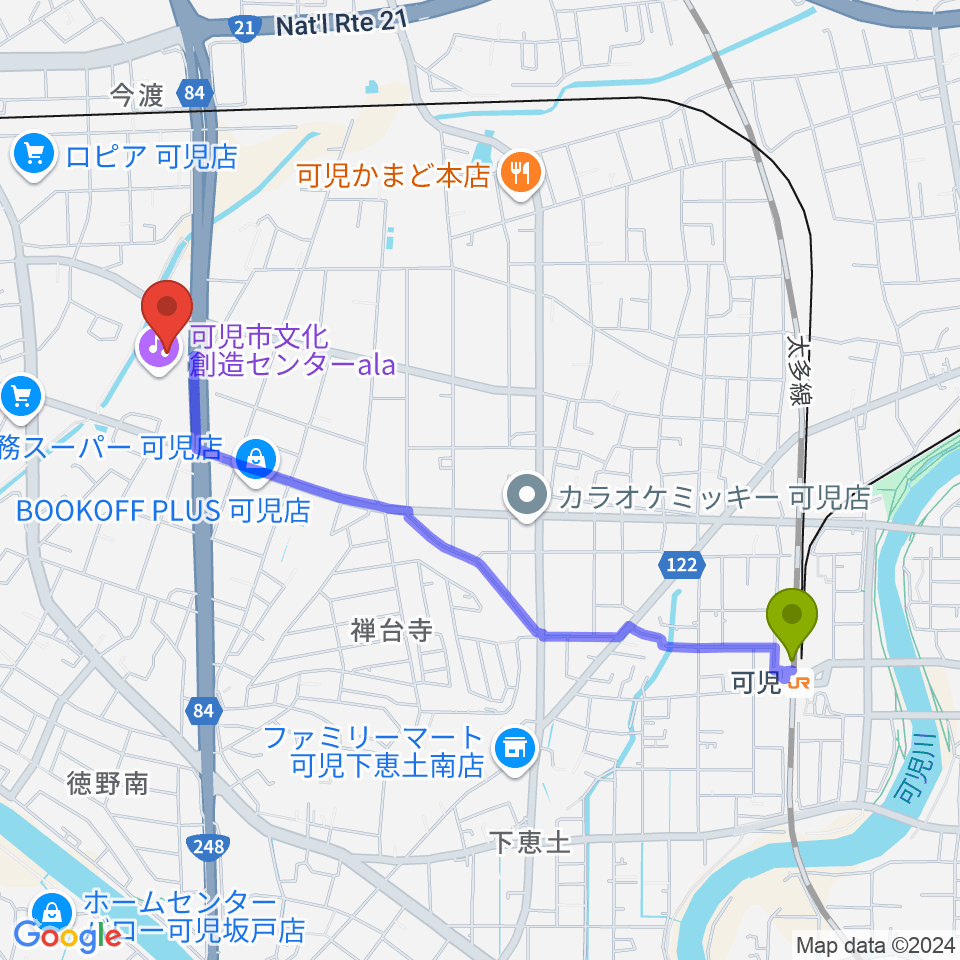 可児駅から可児市文化創造センターへのルートマップ地図