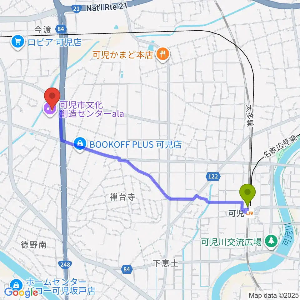 可児駅から可児市文化創造センターalaへのルートマップ地図