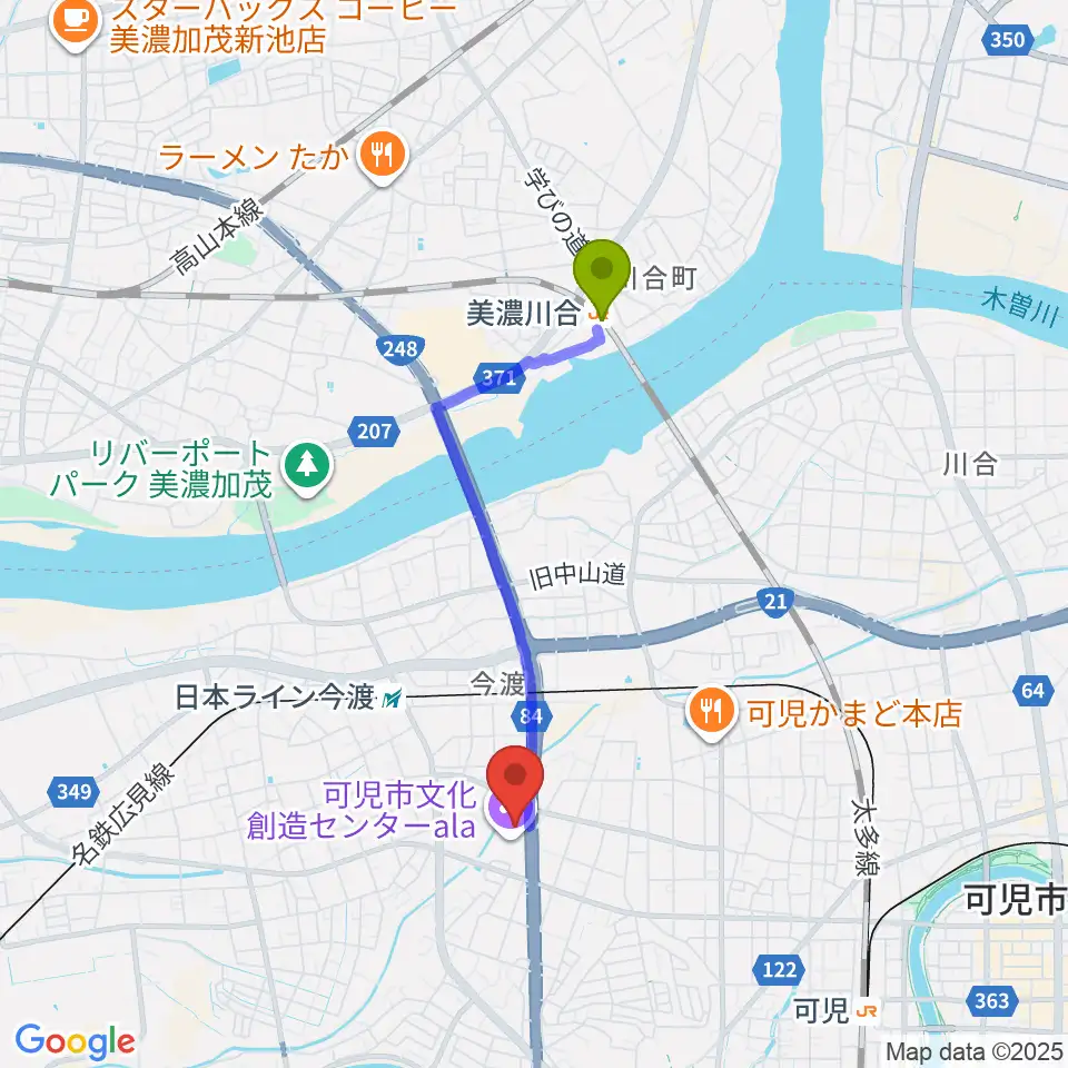 美濃川合駅から可児市文化創造センターalaへのルートマップ地図