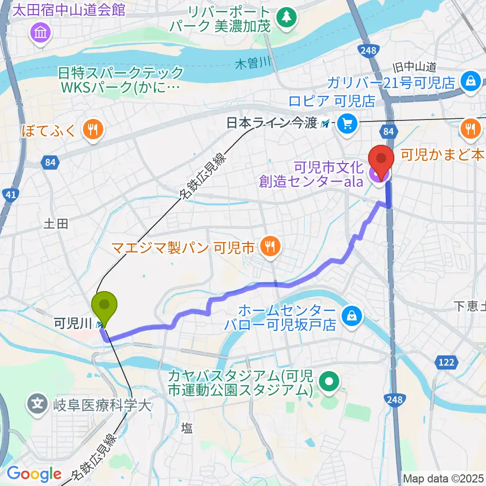 可児川駅から可児市文化創造センターalaへのルートマップ地図
