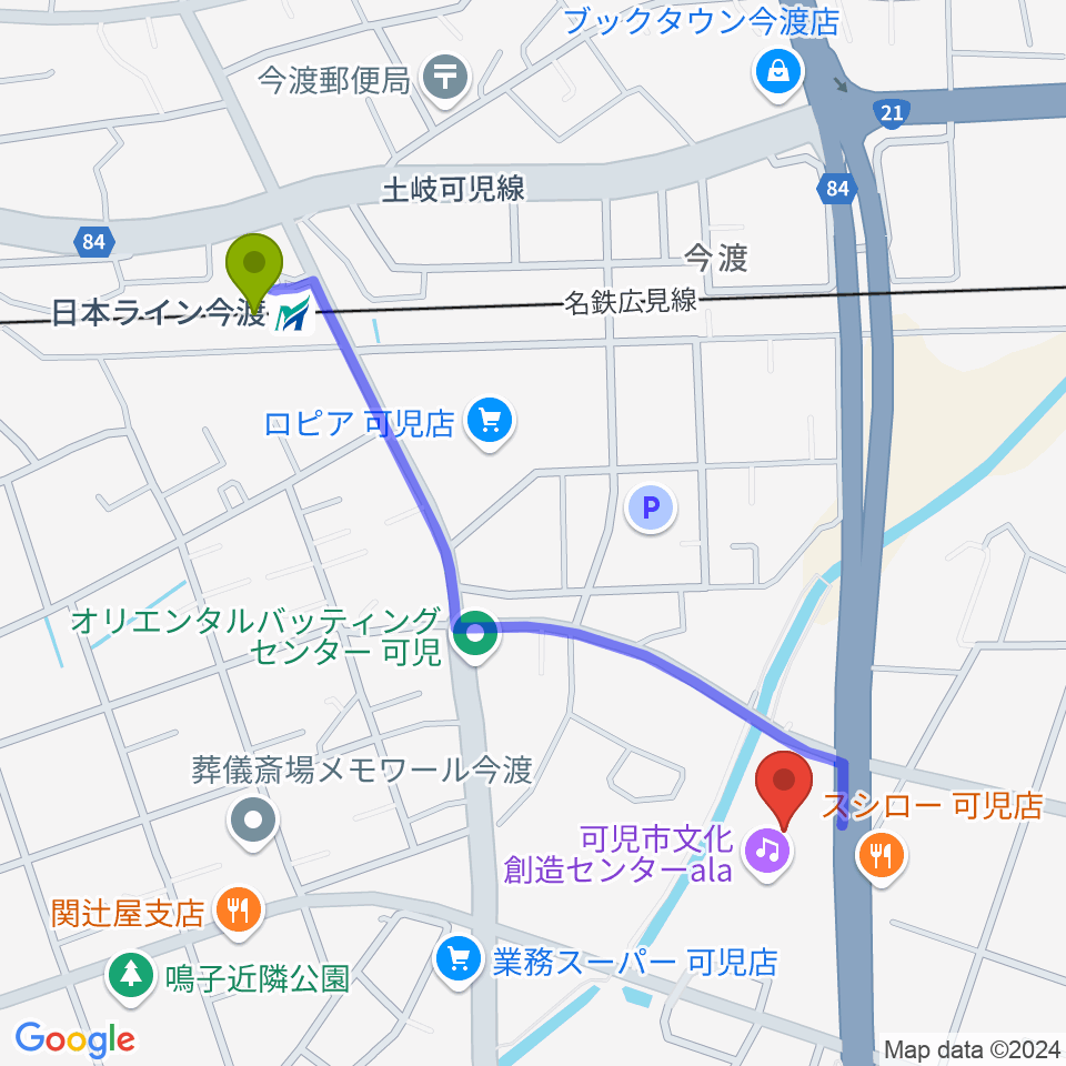 可児市文化創造センターの最寄駅日本ライン今渡駅からの徒歩ルート（約11分）地図