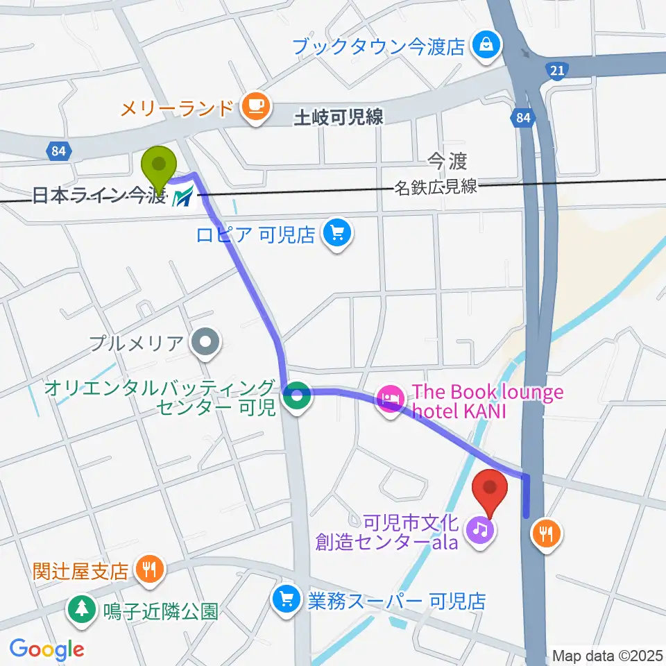 可児市文化創造センターalaの最寄駅日本ライン今渡駅からの徒歩ルート（約11分）地図