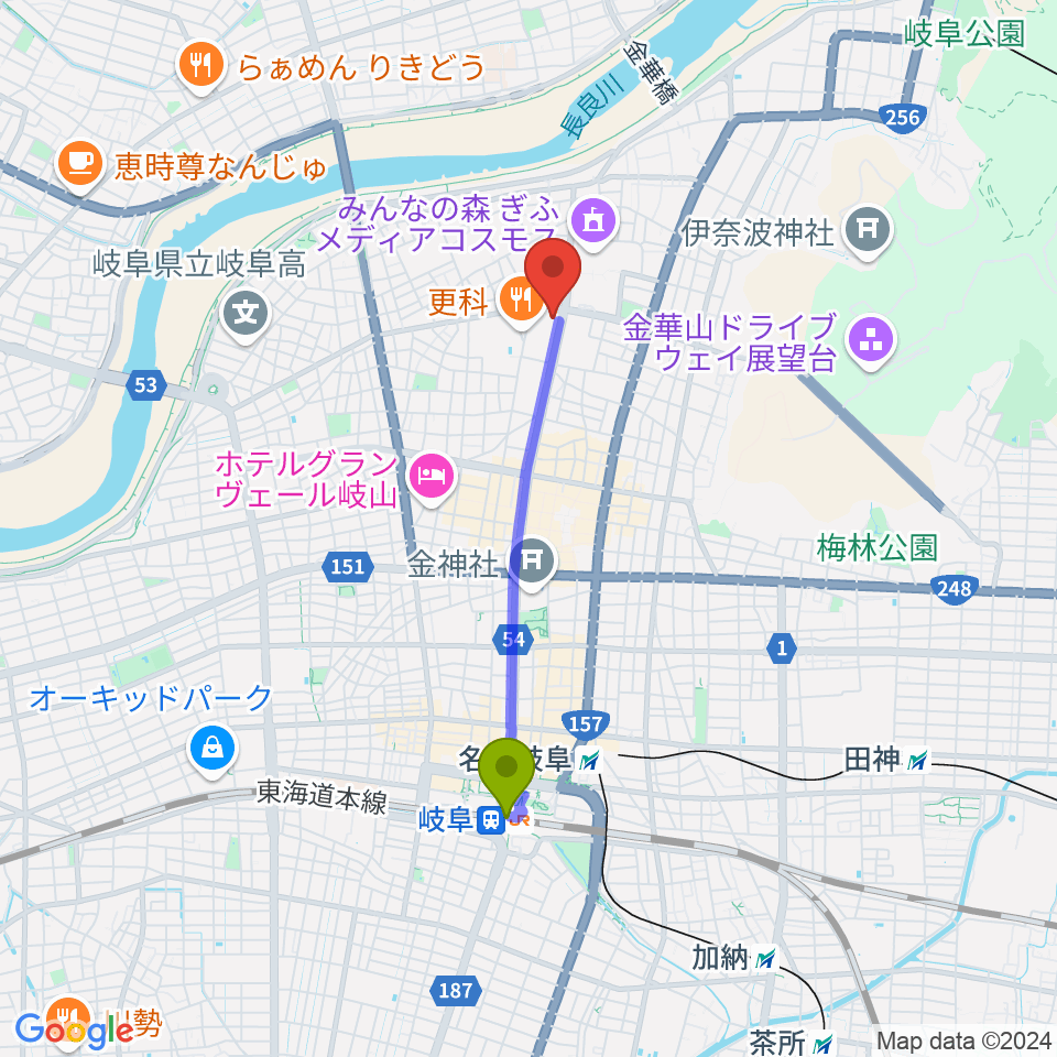 岐阜駅から岐阜市民会館へのルートマップ地図