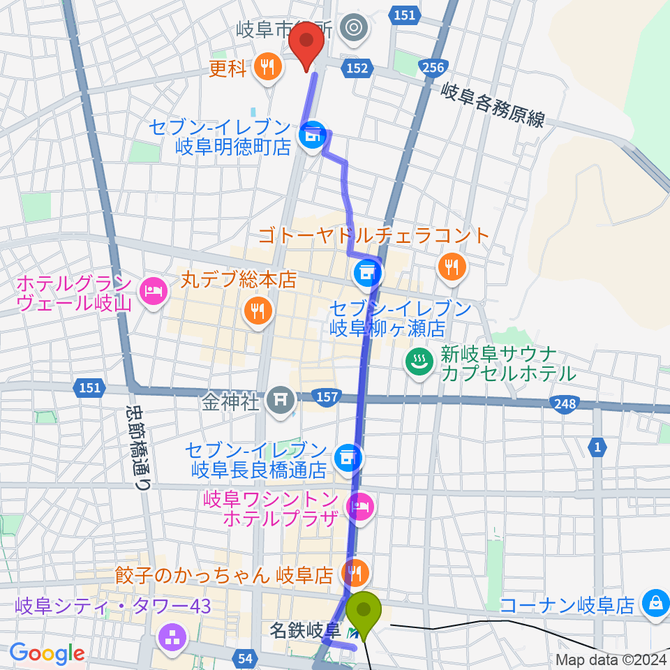 岐阜市民会館の最寄駅名鉄岐阜駅からの徒歩ルート（約27分）地図