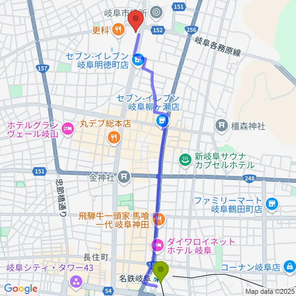 ぎふしんフォーラムの最寄駅名鉄岐阜駅からの徒歩ルート（約26分）地図