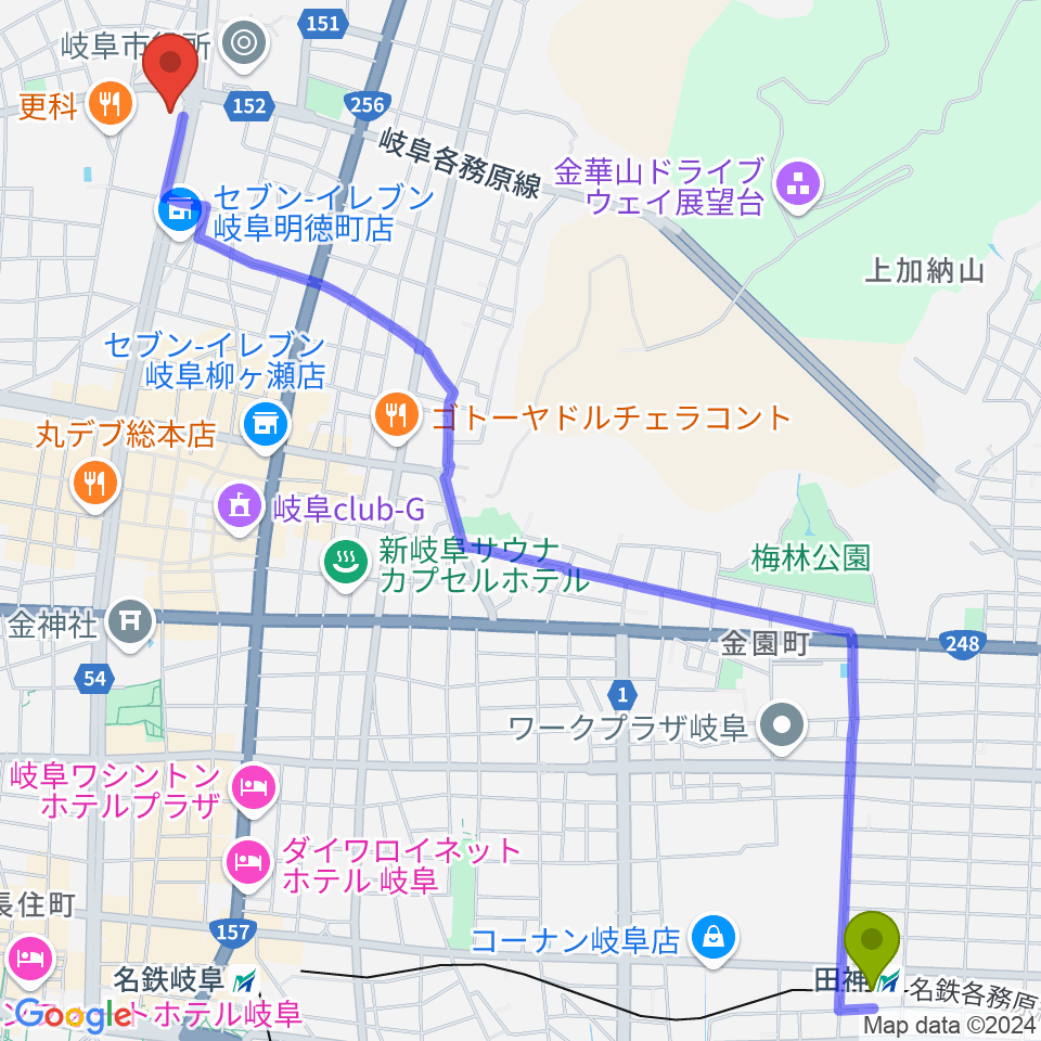 田神駅から岐阜市民会館へのルートマップ地図