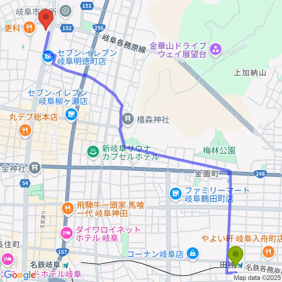 田神駅からぎふしんフォーラムへのルートマップ地図