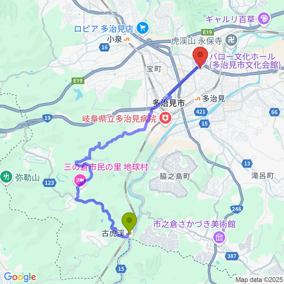 古虎渓駅からバロー文化ホールへのルートマップ地図