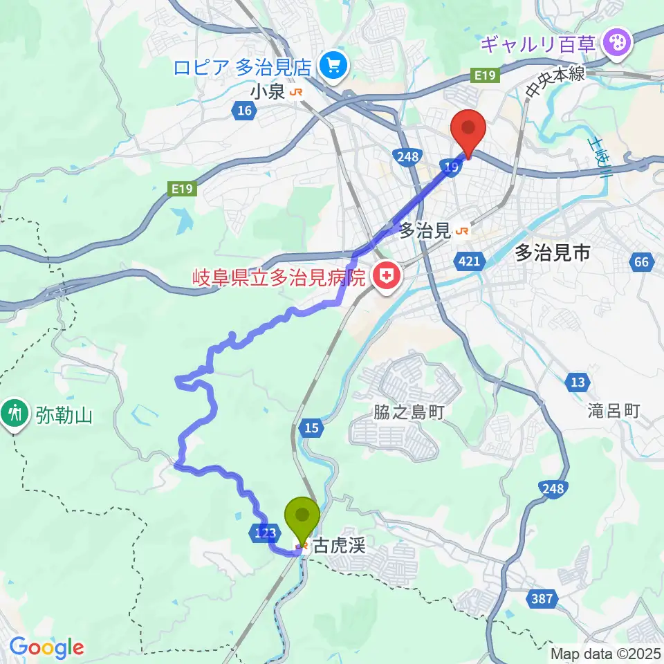 古虎渓駅からバロー文化ホールへのルートマップ地図