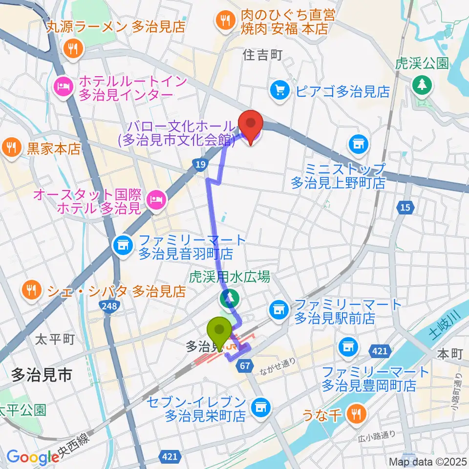 バロー文化ホールの最寄駅多治見駅からの徒歩ルート（約14分）地図