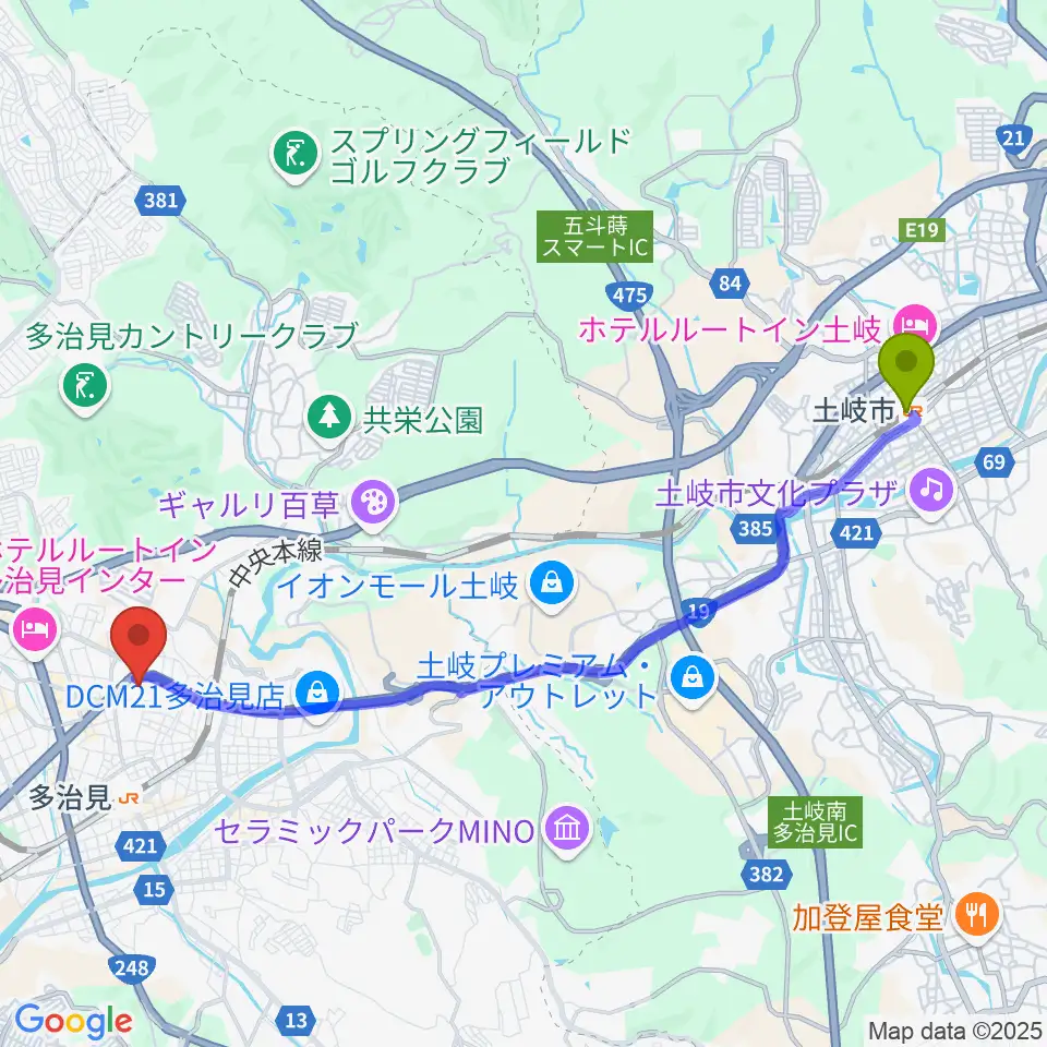 土岐市駅からバロー文化ホールへのルートマップ地図