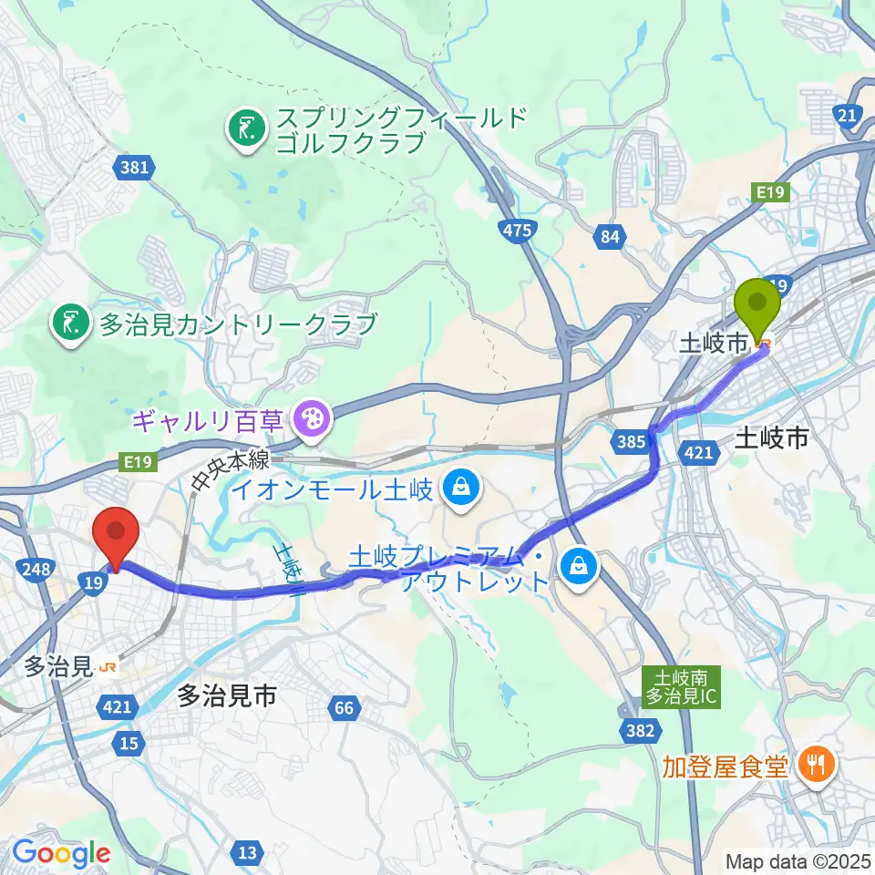 土岐市駅からバロー文化ホールへのルートマップ地図