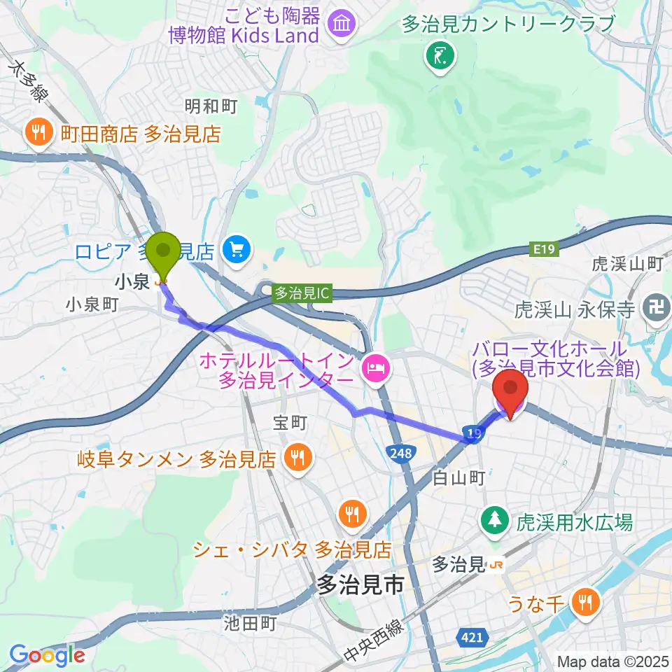 小泉駅からバロー文化ホールへのルートマップ地図