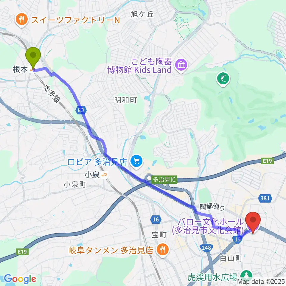 根本駅からバロー文化ホールへのルートマップ地図