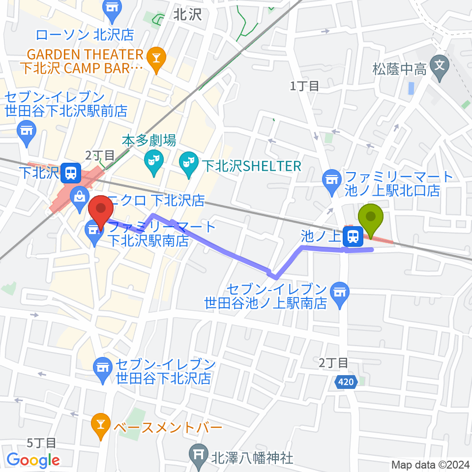 池ノ上駅からガードアイランドスタジオ下北沢店へのルートマップ地図