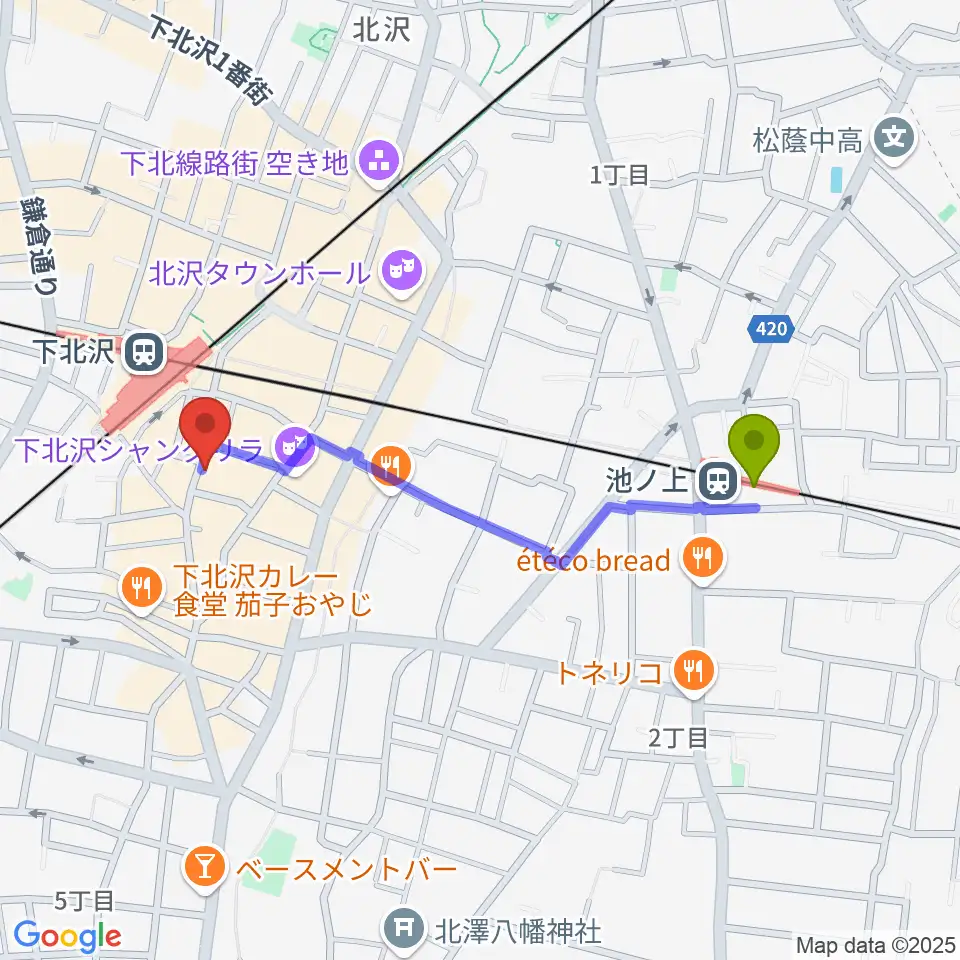 池ノ上駅からガードアイランドスタジオ下北沢店へのルートマップ地図