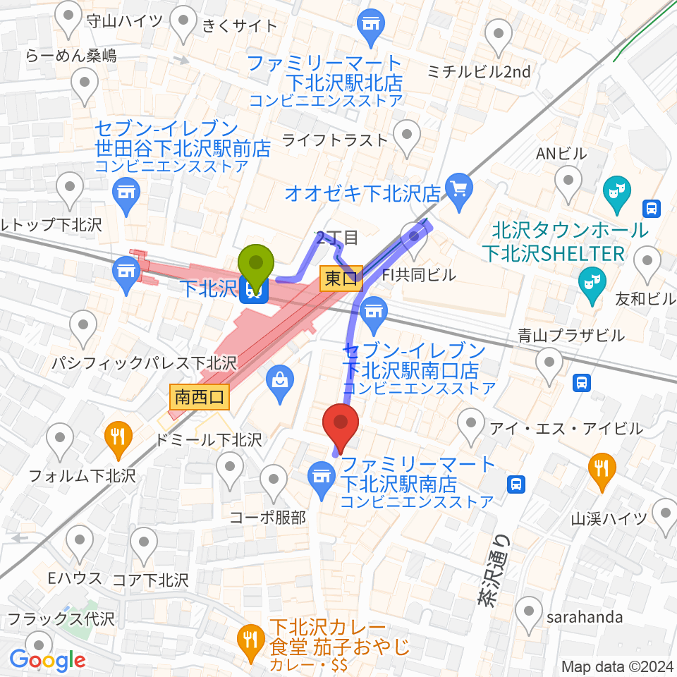 ガードアイランドスタジオ下北沢店の最寄駅下北沢駅からの徒歩ルート（約2分）地図