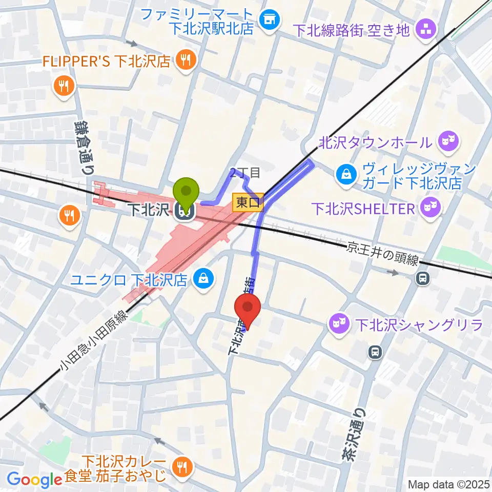 ガードアイランドスタジオ下北沢店の最寄駅下北沢駅からの徒歩ルート（約2分）地図