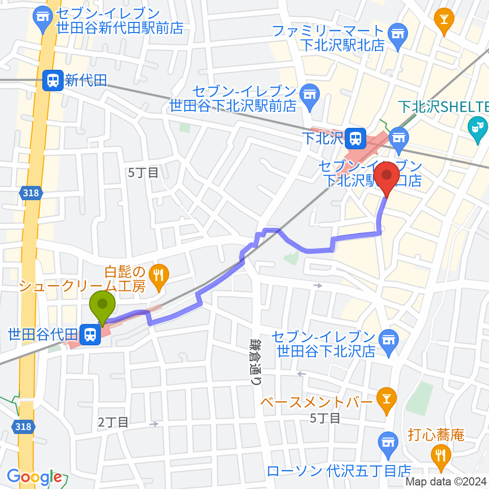 世田谷代田駅からガードアイランドスタジオ下北沢店へのルートマップ地図