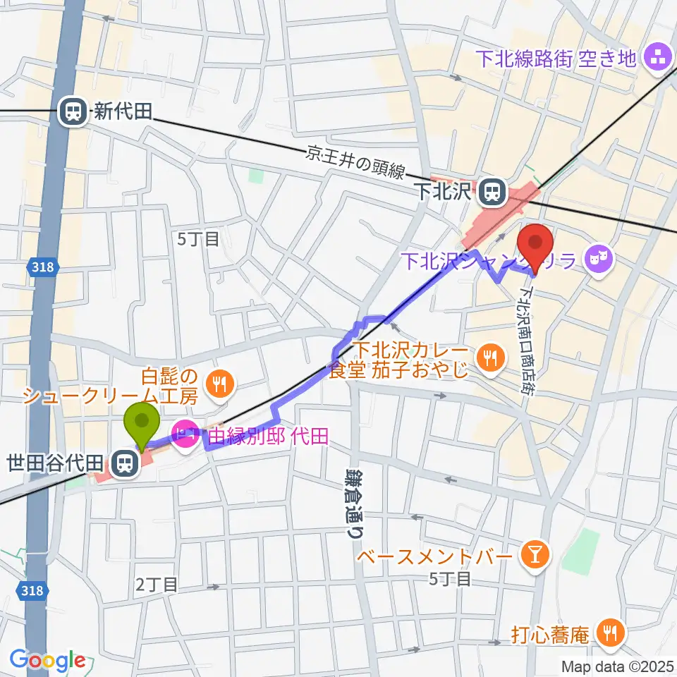 世田谷代田駅からガードアイランドスタジオ下北沢店へのルートマップ地図