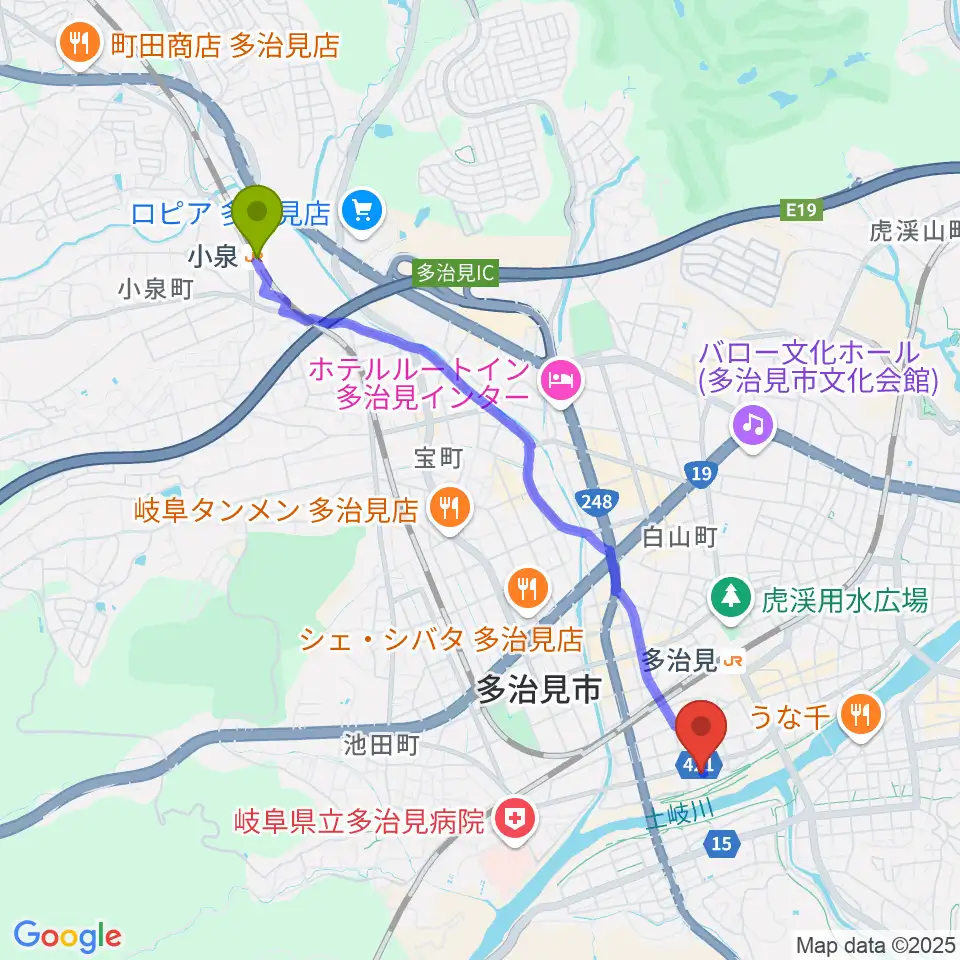 小泉駅からアートスペース ホリエへのルートマップ地図