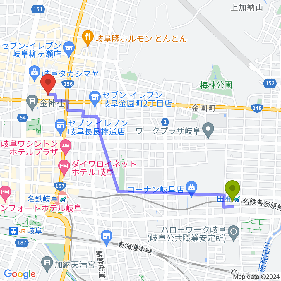 田神駅からJAZZ LIVE SPOT BAGUへのルートマップ地図