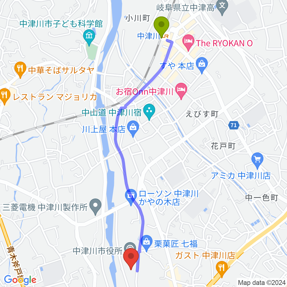 中津川文化会館の最寄駅中津川駅からの徒歩ルート（約25分）地図